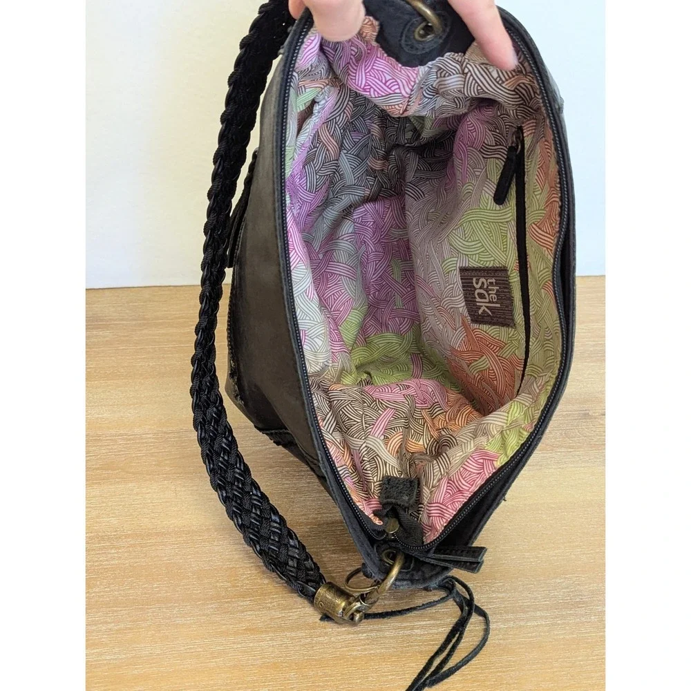 The SAK Indio Black Soft Leather Hobo Braided Shoulder Strap Bag Purse Zip